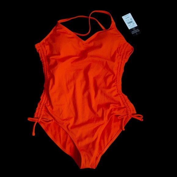 Catalina One Piece Swimsuit Side Ruched Adjustable Rib Knit Red Orange M 8-10 - Picture 1 of 7